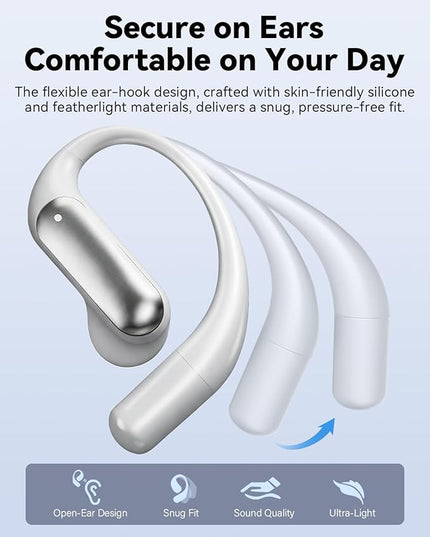 Wentronic Open Ear Headphones, Wireless Earbuds Bluetooth 5.4 with Digital Display, Secure Earhook, 48H Playtime, Enhanced Sound, Clear Calls, IP55 Waterproof Ultra-Light Sports Headphones - Silver