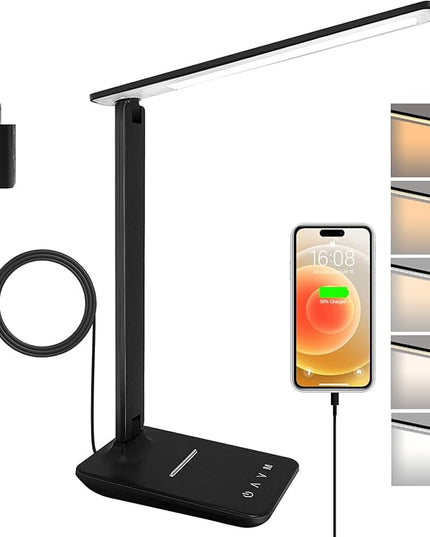 shinelife LED Desk Lamp for Office Home, Bright Desk Light with USB Charging Port, Adjustable Dimmable Desk Lamps 5 Modes 5 Brightness, Touch Study Lamp for Nail, Craft, Puzzle, Sewing, Study, Black