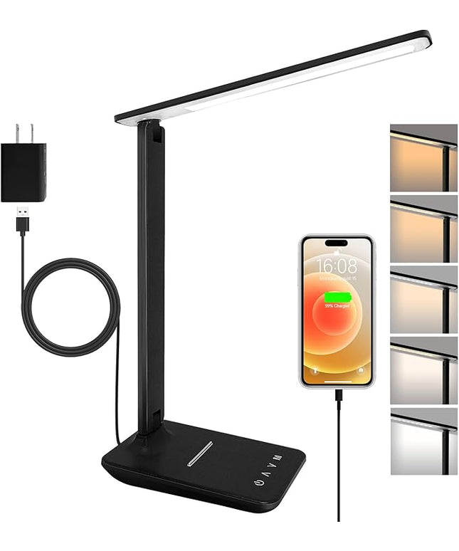 shinelife LED Desk Lamp for Office Home, Bright Desk Light with USB Charging Port, Adjustable Dimmable Desk Lamps 5 Modes 5 Brightness, Touch Study Lamp for Nail, Craft, Puzzle, Sewing, Study, Black