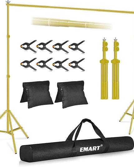 EMART Backdrop Stand 10x7ft(WxH) Photo Studio Adjustable Background Stand Support kit with 2 Crossbars, 8 Clamps, 2 Sandbags and Carry Bag for Parties, Events Decoration, Wedding -Titanium Gold