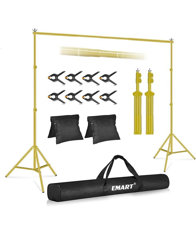 EMART Backdrop Stand 10x7ft(WxH) Photo Studio Adjustable Background Stand Support kit with 2 Crossbars, 8 Clamps, 2 Sandbags and Carry Bag for Parties, Events Decoration, Wedding -Titanium Gold