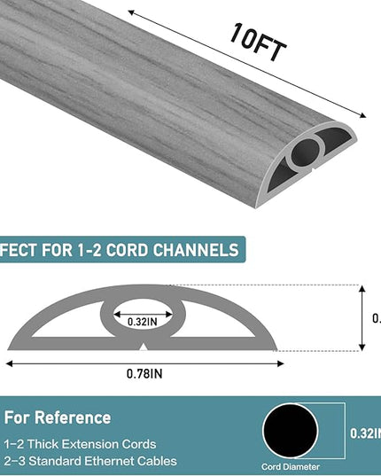 Floor Cord Cover Self Adhesive Cord Hider Floor Extension Cord Covers for Floor Power Cord Protector Cable Management Prevent Cable Trips Cable Cavity 0.32" W x 0.32" H (Light Grey Wood, 10Ft)