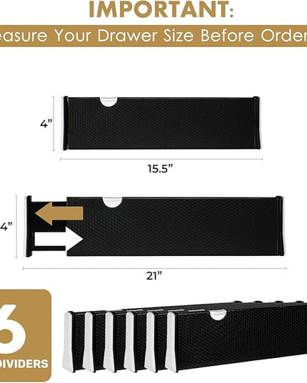 RAPTUROUS Adjustable Drawer Dividers 6 Pack, 4” High, 15.5-21” Long, Dresser Drawer Organizer for Bedroom, Closet, Kitchen, Nursery, Office, Strong Hold, Soft Foam Edges, Black
