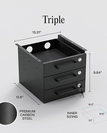 Under Desk Drawer Slide-Out - Lockable Metal Storage Drawers with Cable Management for Office & Home (Triple, Non-Bracketed)