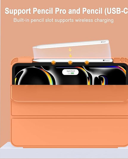 ZryXal iPad Pro 11 Inch Case (M5) 2025/ (M4) 2024 (Model: A2836/A2837/A3006), Trifold Stand Smart Cover with Pencil Holder and Soft TPU Back, Auto Wake/Sleep (Orange)