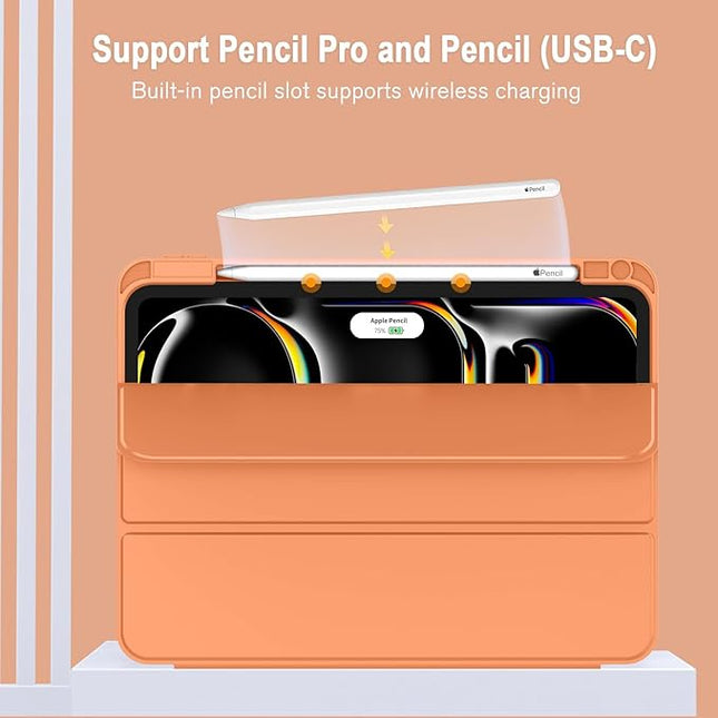 ZryXal iPad Pro 11 Inch Case (M5) 2025/ (M4) 2024 (Model: A2836/A2837/A3006), Trifold Stand Smart Cover with Pencil Holder and Soft TPU Back, Auto Wake/Sleep (Orange)