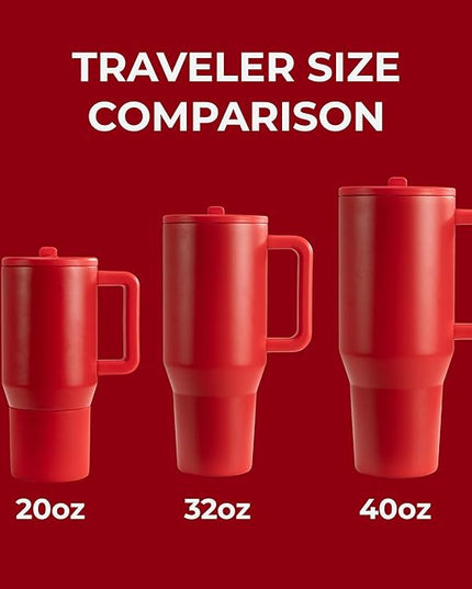 HydroJug Traveler - 32 oz Water Bottle with Handle & Flip Straw - Fits in Cup Holder, Leak Resistant Tumbler-Reusable Insulated Stainless Steel & Rubber Base - Gifts for Women & Men, Alumni Red