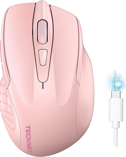 TECKNET Wireless Mouse (BT5.0/3.0 & 2.4G) Rechargeable 4800 DPI Silent USB A & Bluetooth Mouse 6 Buttons, Wide Compatibility - Pink