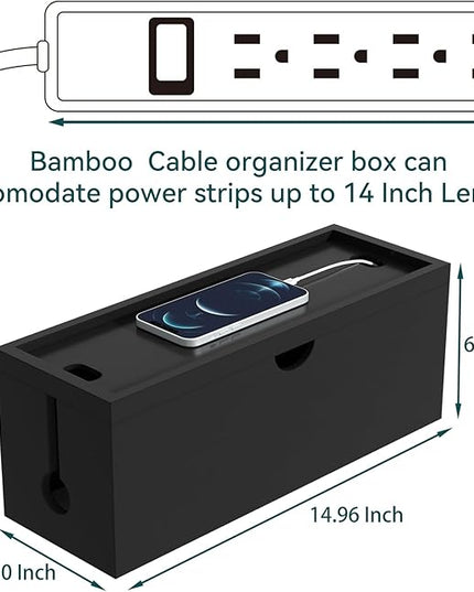 Bamboo Cable Management Box, Large Cord Organizer Box Cable Box to Hide Wires & Power Strips for Desktop Storage Cord Holder for Office Home,No Assembley Required (All Black, Large)
