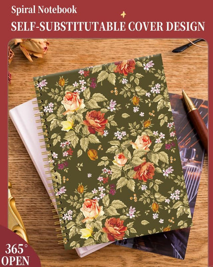 Spiral Journal Notebook for Women,A5 College Ruled Notebooks 6"x 8.4", 120 Pages (60 Sheets) Lined Journal with Premium Thick Paper,Perfect for School Office Home(Green Leaf Flower)