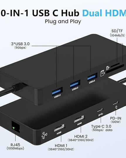 Laptop Docking Station Dual 4K HDTV Monitor, Fophmo USB C to 2 HDTV Splitter Extended Display, 1000Mbps LAN, USB A&C 3.0 Ports(10Gbps), SD/TF Card, 100W PD Charging, MacOS Only Mirrors Same Screen
