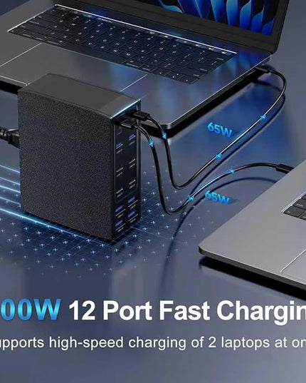 500W USB C Charger Block, 12-Port USB C Charging Station for Multiple Devices, Leather Texture Dual PD 65W Laptop Fast Charger Compatible with MacBook Pro/Air, iPad, iPhone,Galaxy and More, Black