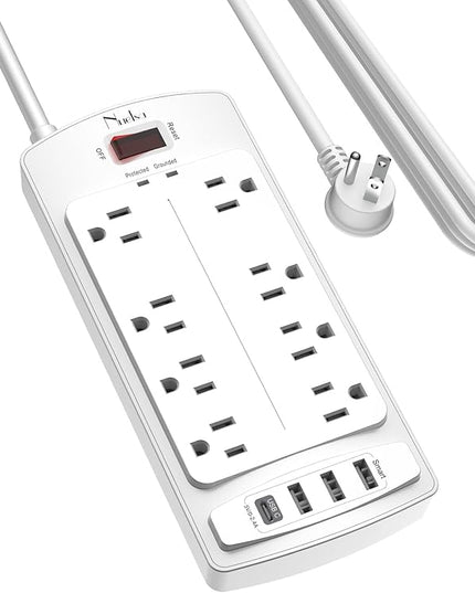 Surge Protector Power Strip - Nuetsa Flat Plug Extension Cord with 8 Outlets and 4 USB Ports, 10 Feet Power Cord (1625W/13A), 2700 Joules, ETL Listed, White