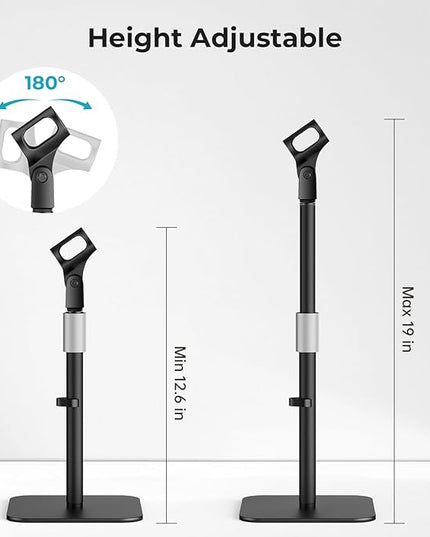 Desktop Microphone Stand with 180° Mic Clip, Height Adjustable Table Mic Stand with Metal 5/8" and 1/4'' Screw Adapter for Blue Yeti, Snowball Spark & Other Microphone Device