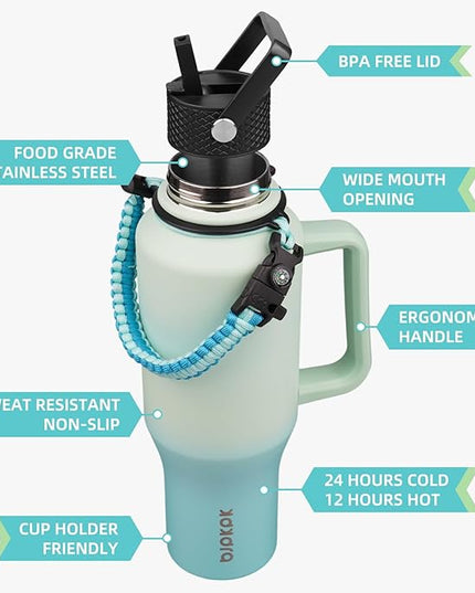 BJPKPK Insulated Water Bottles with Straw Lid, 35oz Metal Water Bottle with 2 lids & Paracord Strap, Double Wall Stainless Steel Tumbler with Handle, Reusable Cups, Mugs, Thermo, Mint
