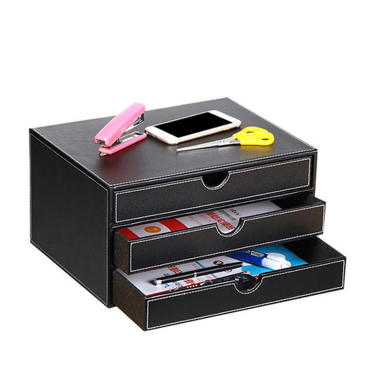 Ayunga Leather Desk Organizer with 3 Drawers, Executive Office Supplies Desktop Filing A4 File Cabinet/Holder,Stackable Storage Box for Jewelry/Bill/Documents/Makeup Home Decor Accessories(Black)