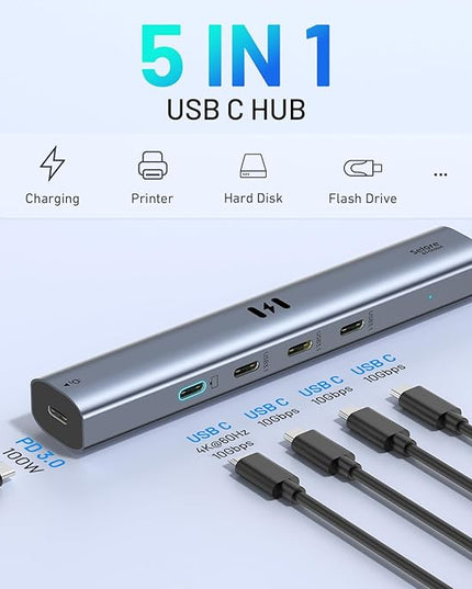 10Gbps USB C Hub with 4K@60Hz Video Display, Selore 5 Ports USB C Splitter, C Port Data Transfer, 100W PD-in Charging, Dongle Multiport Adapter for MacBook Pro, iPad, Dell, HP, and More