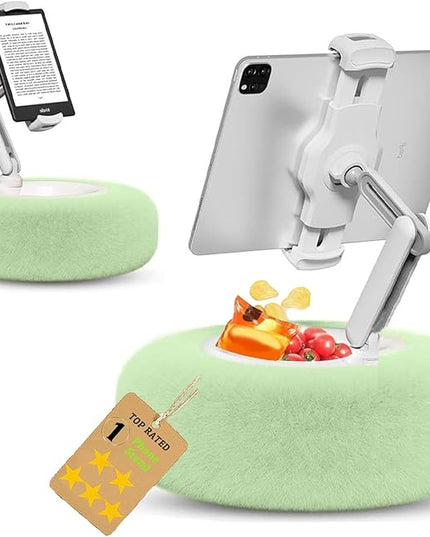 Fuzzy Pillow Phone Holder with Snack Bowl, Adjustable 360° Rotating Magnetic Stand for Phone/Tablet/Kindle iPad, Soft Plush Fabric, Detachable Snack Bowl for Reading for Bed (Upgraded Green)