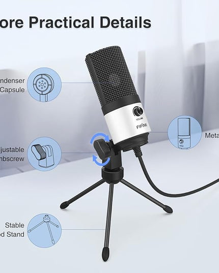 FIFINE USB Podcast Microphone,PC Computer Recording Mic for Desktop Laptop,Studio Condenser Microphone with Volume Knob for Voice-Over, Vocals, Online Meeting, YouTube-K669W