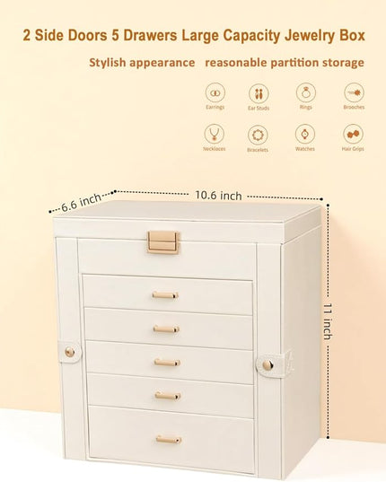 BOOVO Jewelry Box For women, 6 Layer Large Jewelry Organizer With Mirror, Multi-Function Storage Box With Lock, Necklace Holder With 5 Drawers, For Earrings Necklace Bracelet (Pearl White and Gold)