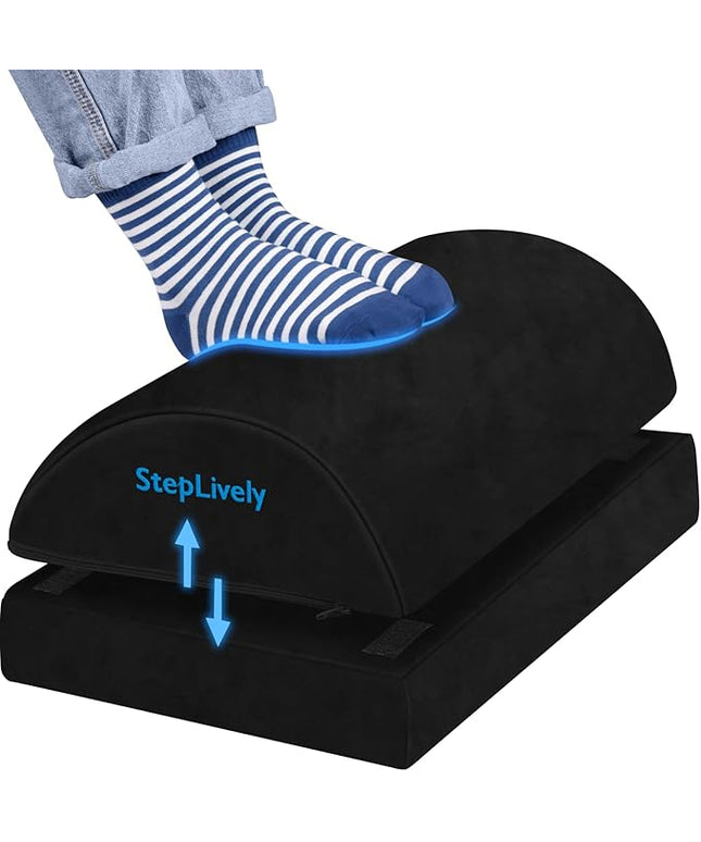 StepLively Foot Rest for Under Desk at Work, Comfortable Foot Stool with 2 Adjustable Heights, Footrest with Washable Cover, for Back & Hip Pain Relief, Suitable for Office, Home and Car (Black)
