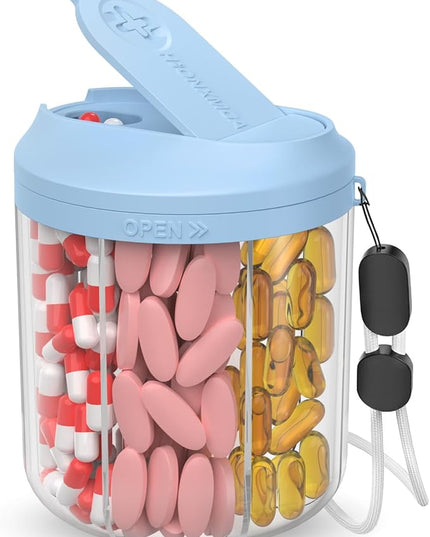 Pill Dispenser with 7 Large Compartments, 4.4" H x 3.6" Dia Pill Bottle Organizer for Travel, Supplement Organizer with Anti-Mixing Design, BPA-Free Pill Container with 20 Pcs Labels, Blue