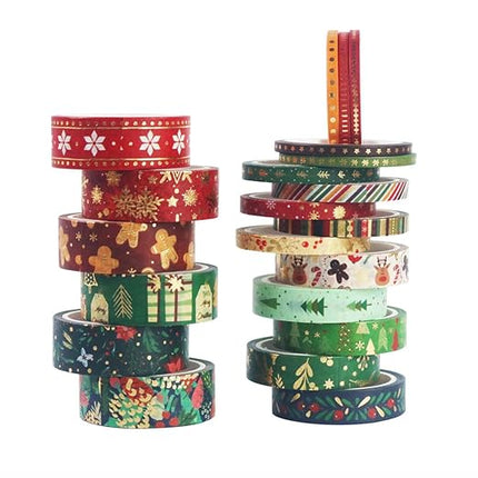 YOUQIWJ 21 Rolls Christmas Gold Foil Washi Tape - Holiday Decor with Snowflake, Deer, Tree Designs - Self-Adhesive Tape for DIY Crafts, Wrapping,Scrapbooking Party Favors