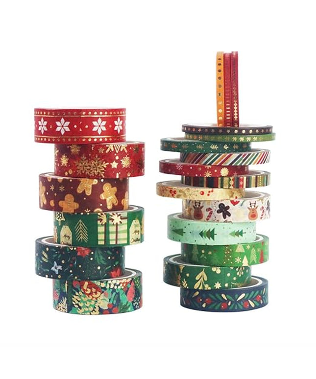 YOUQIWJ 21 Rolls Christmas Gold Foil Washi Tape - Holiday Decor with Snowflake, Deer, Tree Designs - Self-Adhesive Tape for DIY Crafts, Wrapping,Scrapbooking Party Favors