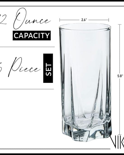 Vikko Drinking Glasses, 12 Oz Drinking Glasses Set of 6, Crystal Clear Glass Cups for Water or Juice, Highball Glass Tumbler & Water Glasses for Drinking
