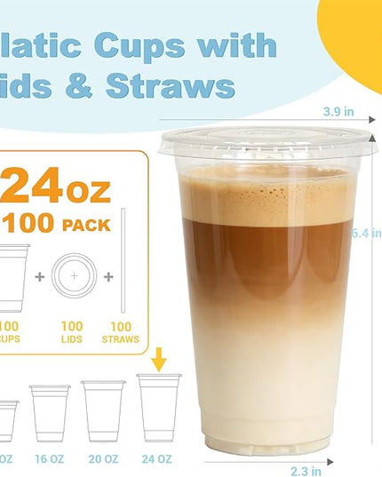 Coolcap 24 oz 100 Pack Disposable Clear Plastic Cups with Lids and Straws, Food Safe Bulk Iced Coffee Cups for Smoothies, Milkshakes and Other Cold Drinks