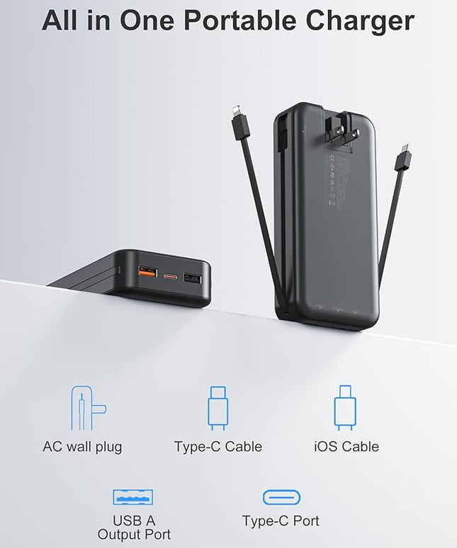 20000mAh Ultra-Portable-Charger-Power-Bank PD20W with Built in Cables&AC Wall Plug,Fast Charging Cell Phone Charger Battery Pack,LED Display Travel Battery Bank for All iPhone,Samsung,Android