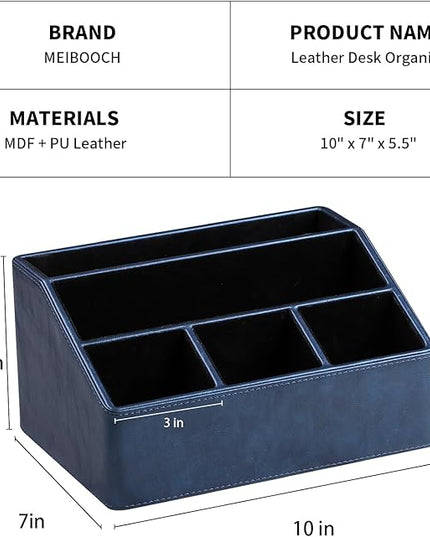 MEIBOOCH PU Leather Desk Organizer, Luxury Remote Control Holder for Home, Office Desk Accessories Table Caddy Bedside Nightstand Organizer (Dark Blue)