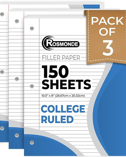 Rosmonde Loose Leaf Paper, 450 Sheets, 3 Pack, College Ruled Paper, 8" x 10.5", Bulk Office Filler Paper, 3 Hole Punched, 150 Sheets/Pack, 56 gsm Paper, College Ruled Notebook Paper for Binder, White