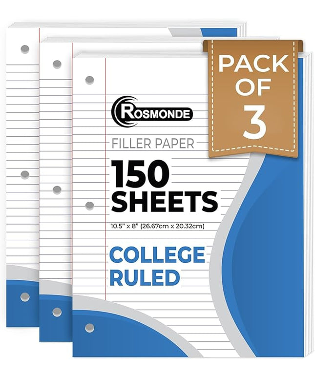 Rosmonde Loose Leaf Paper, 450 Sheets, 3 Pack, College Ruled Paper, 8" x 10.5", Bulk Office Filler Paper, 3 Hole Punched, 150 Sheets/Pack, 56 gsm Paper, College Ruled Notebook Paper for Binder, White