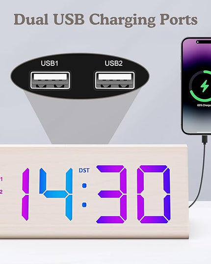 Wooden Digital Alarm Clock with Dual USB Charging Ports, DST, Dimmable, Snooze, RGB Colors, Modern Large Time Display LED Clock for Kids Bedrooms, Living Room, Desk, Table, Bedside, Nightstand (White)