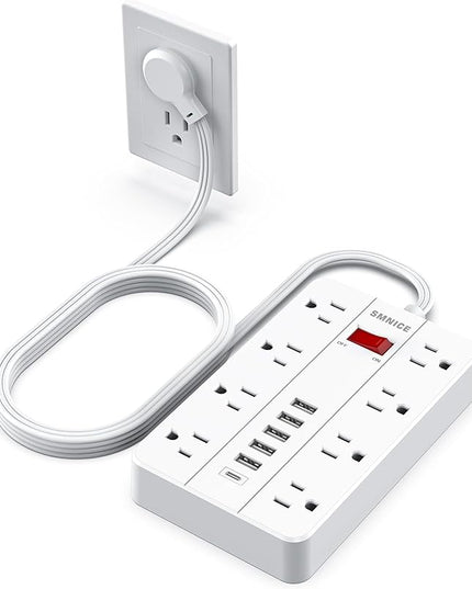 Power Strip with USB,Surge Protector Flat Plug with 8 Widely Spaced Outlets and 6 USB Ports(1 USB C), 5ft Extension Cord Wall Mountable Phone Tablet Laptop Computer Multiple Devices