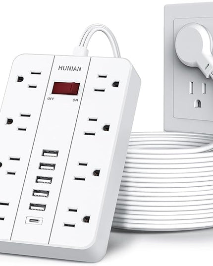 Extension Cord Power Strip Surge Protector 15 Ft, HUNIAN Flat Plug with 8 Widely Spaced Outlets 6 USB (1 USB C Port), Wall Mount Charging Station for Home and Office