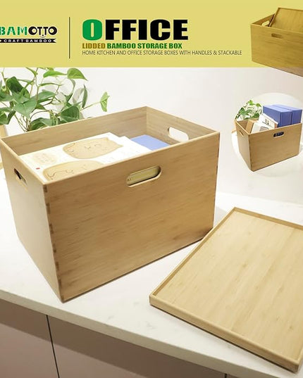 BAMOTTO Lidded Bamboo Storage Bins & Box/Cube/Basket, Home Kitchen and Office Storage Boxes with Handles & Stackable for Organizer Tableware, Crafts, Office Shelf Books, Large, 14.6”x10.2”x9.6”