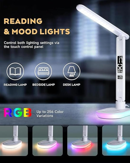 IHAO Luxury Multifunctional LED Desk Lamp10W Qi Wireless Charger Digital Alarm Clock Ambient Light & Temperature Display Adjustable Eye-Care Table Lamp with Leather Texture Design Table Lamp-U20 White