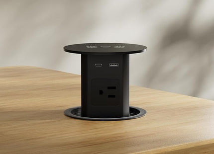 Pop up Outlet - 4-inch Hole,4-AC Outlet,20W USB C,15W Wireless Charging,2-USB Port,Desktop Recessed Grommet Power Outlet for Kitchen Island Countertop,6 ft Cable,Black