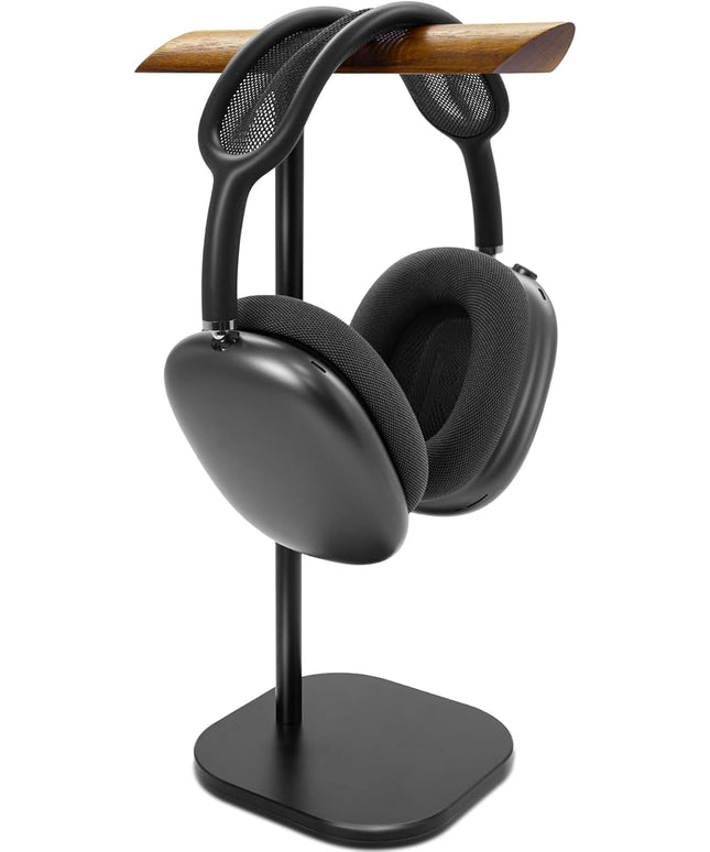 GEVO Headphone Stand for Desk, Walnut Wood & Aluminum Headset Stand, Universal Walnut Gaming Headset Holder with Solid Heavy Base for AirPod Max, Bose, Sony All Headphone Sizes (Square Base)