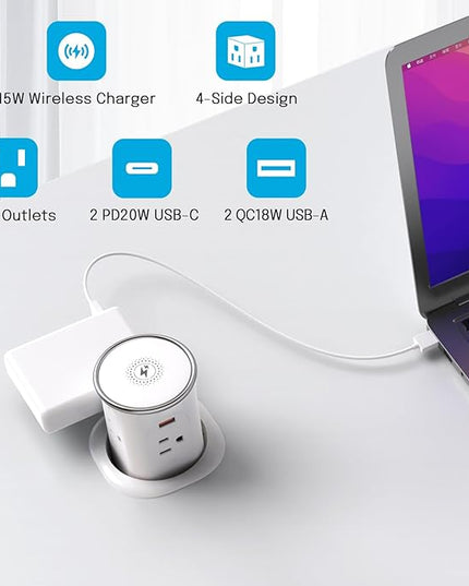 Pop Up Countertop Outlet with 15W Wireless Charger, 4 Outlets & 4 USB (2 PD20W USB-C) 3.15in Desk Hole Pop Up Power Outlet for Kitchen Countertop,Office Conference Table.ETL Listed