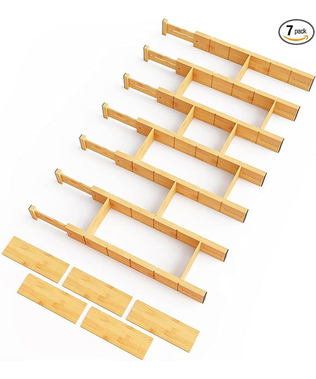 SpaceAid Bamboo Drawer Dividers with Inserts and Labels, Kitchen Adjustable Drawer Organizers, Expandable Organization for Home, Office, Dressers, 7 Dividers with 15 Inserts (17"-22" Natural)