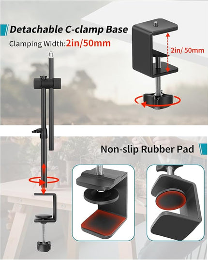 Overhead Camera Mount Desk Stand, Camera Arm Desk Mount Clamp Stand with 360°Adjustable Magic Arm, Webcam Arm Mount Stand w Ballhead Phone Mount for Desk Logitech Microphone Video Light Cell Phone