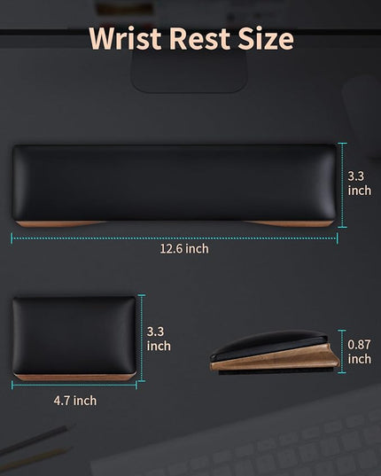 ASFSKY Keyboard and Mouse Wrist Rest Set – Ergonomic Wooden Wrist Support Pad with PU Leather & Memory Foam, Anti-Slip Rubber Base Wrist Cushion for Gaming, Office & Typing Pain Relief