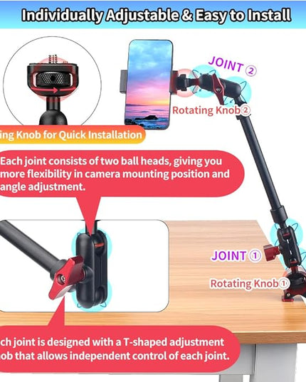 13"/34cm Magic Arm w Clamp, Camera Mount & Clamp w 1/4" 3/8" Threads and Articulating Friction Magic Arm, Overhead Phone Mount, Camera Boom Arm Mount for Light Webcam Mic Action Camera Monitor