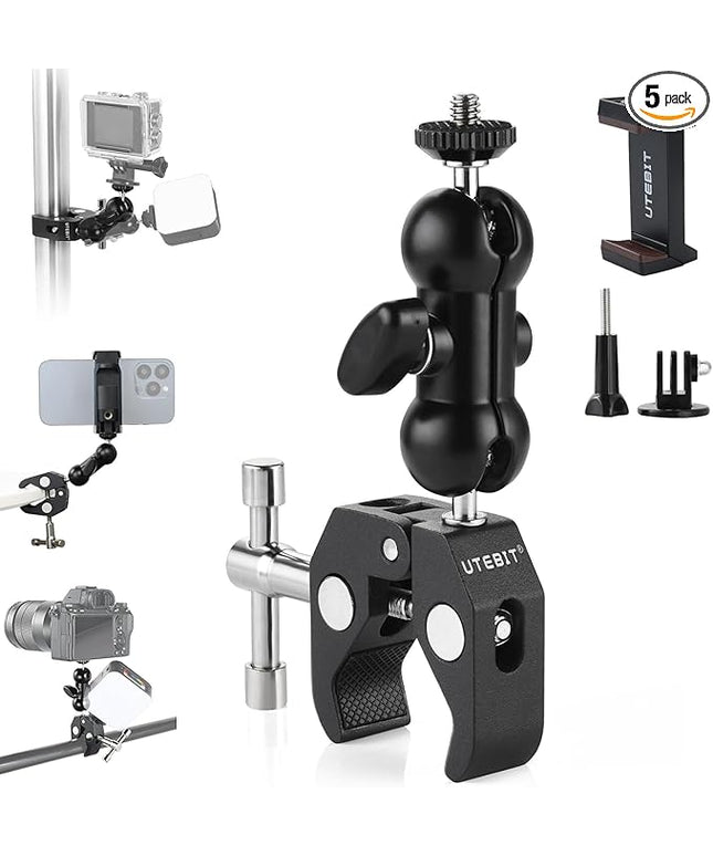 UTEBIT Super Clamp Camera Mount with 360° Ballhead Magic Arm, Super Clamp Mount with 1/4" and 3/8" Thread, Desk/Bike/Bicycle/Motorcycle/ Handlebar for GoPro, Phone, Camera, Monitor, LED Light