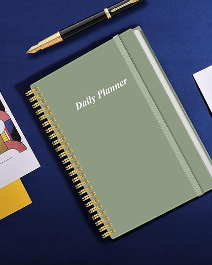 Daily Planner Undated - A5 To Do List Notebook Hourly Schedules, Spiral Appointment Planner for Women and Men, PVC Hardcover, Inner Pocket, Elastic Closure, 5.8" x 8.3", Green