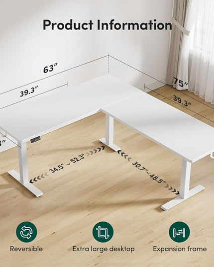 FEZIBO 75x63 L Shaped Standing Desk, Electric Height Adjustable L Shaped Desk, Suitable for Home Office, White