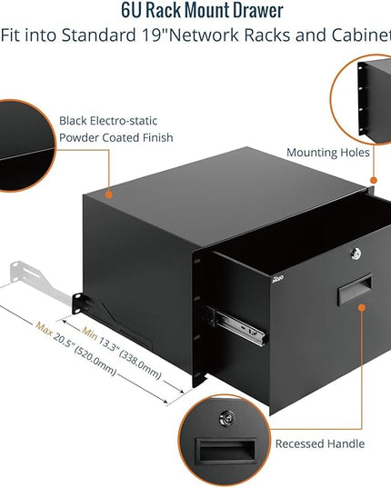 Tecmojo 6U Rack Drawer,Rack Mount Drawer for 19in Network Equipment/Server/AV Rack or Cabinet Enclosure,Sliding and Lockable Server Rack Drawer - Load-Bearing 44lb (20kg),with Cable Management Holes